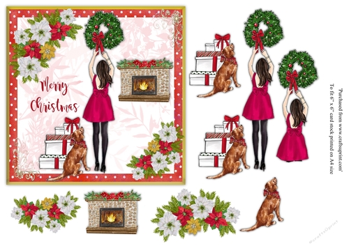 Female Christmas card with brunette haired girl hanging up wreath with dog & parcels topper for 6x6 card