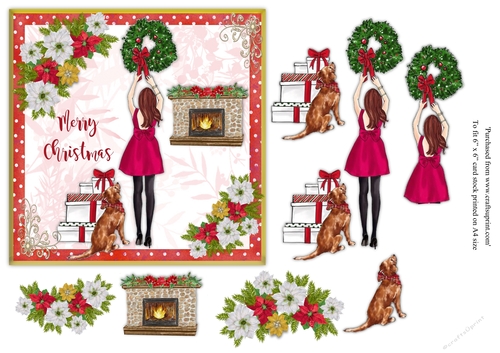 Female Christmas card with red head haired girl hanging up wreath with dog & parcels topper for 6x6 card