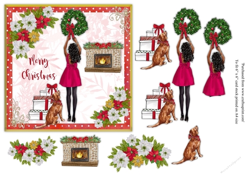 Female Christmas card with long black haired girl hanging up wreath with dog & parcels topper for 6x6 card