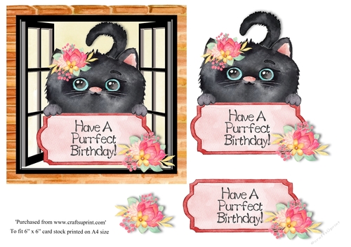 Cute Black Cat Birthday topper for 6x6 card