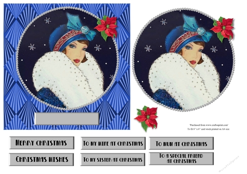Art Deco female Christmas card topper for 6x6 card