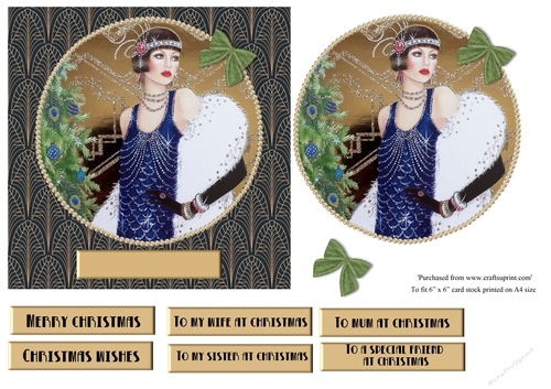 Art Deco female Christmas card topper for 6x6 card