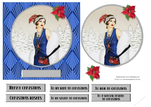 Art Deco female Christmas card topper for 6x6 card