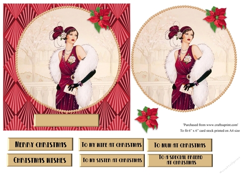 Art Deco female Christmas card topper for 6x6 card