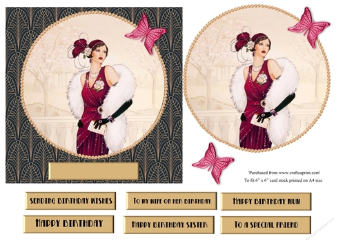 Art Deco female birthday card topper for 6x6 card