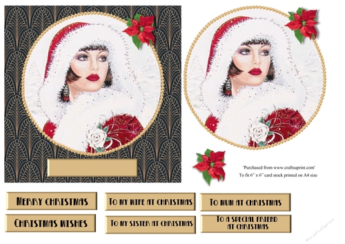 Art Deco female Christmas card topper for 6x6 card