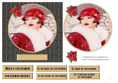 Art Deco female Christmas card topper for 6x6 card