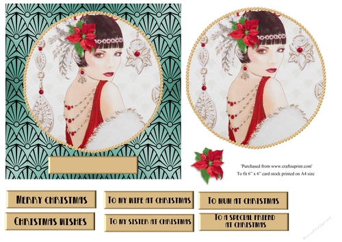Art Deco female Christmas card topper for 6x6 card