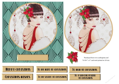 Art Deco female Christmas card topper for 6x6 card