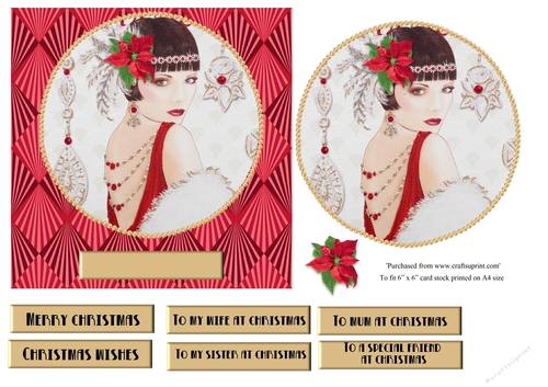Art Deco female Christmas card topper for 6x6 card
