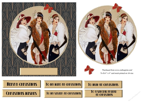 Art Deco female Christmas card topper for 6x6 card