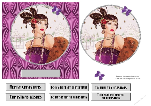 Art Deco female Christmas card topper for 6x6 card