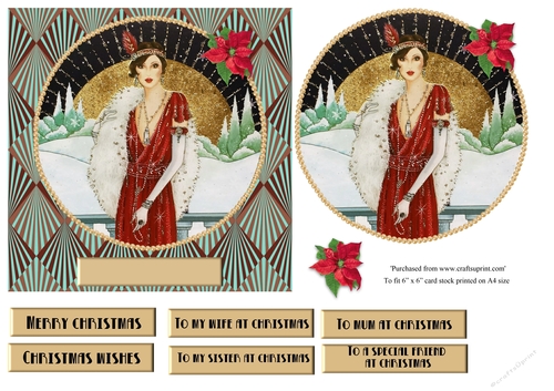Art Deco female Christmas card topper for 6x6 card