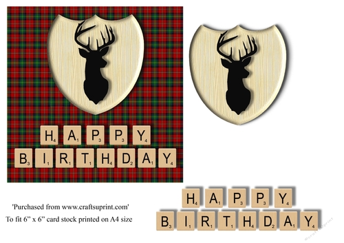Male Birthday card in red and green tartan, stag emblem and scrabble letters topper for 6x6 card