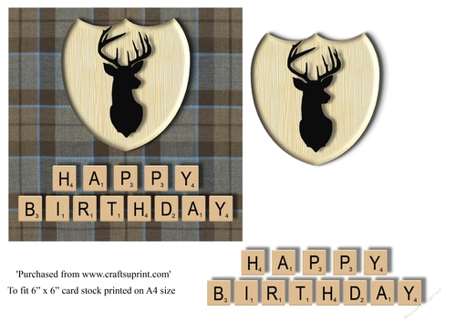 Male Birthday card in brown and blue tartan, stag emblem and scrabble letters topper for 6x6 card