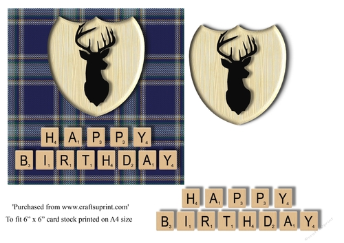 Male Birthday card in blue plaid, stag emblem and scrabble letters topper for 6x6 card