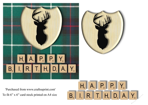 Male Birthday card in McDonald Hunting tartan, stag emblem and scrabble letters topper for 6x6 card