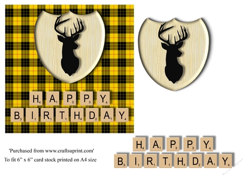 Male Birthday card in Macleod tartan, stag emblem and scrabble letters topper for 6x6 card
