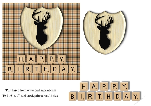 Male Birthday card in Burberry tartan, stag emblem and scrabble letters topper for 6x6 card