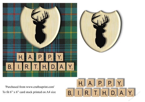Male Birthday card in Farquharson ancient tartan, stag emblem and scrabble letters topper for 6x6 card