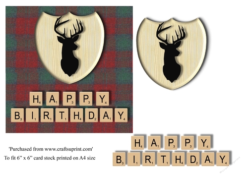Male Birthday card in red and green Harris tweed, stag emblem and scrabble letters topper for 6x6 card