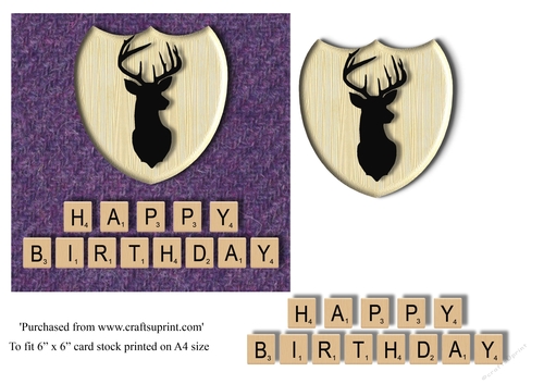 Male Birthday card in purple Harris tweed, stag emblem and scrabble letters topper for 6x6 card