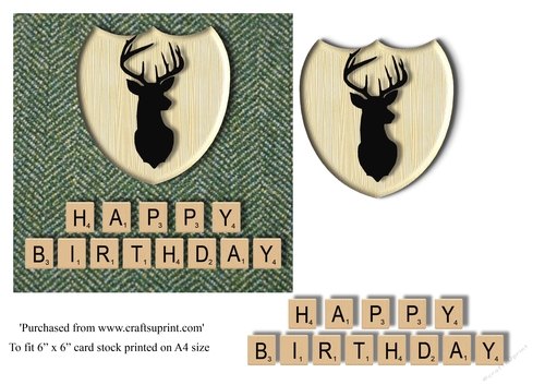 Male Birthday card in green herringbone Harris tweed, stag emblem and scrabble letters topper for 6x6 card