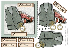 Male birthday card with green herringbone Harris Tweed waistcoat,pocket watch and vintage car topper for 6x6 card