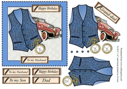 Male birthday card with blue herringbone Harris Tweed waistcoat,pocket watch and vintage car topper for 6x6 card