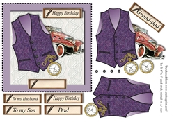 Male birthday card with purple herringbone Harris Tweed waistcoat,pocket watch and vintage car topper for 6x6 card