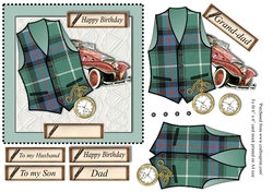 Male birthday card with McDonald hunting tartan waistcoat,pocket watch and vintage car topper for 6x6 card
