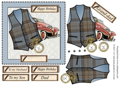 Male birthday card with Outlander style tartan waistcoat,pocket watch and vintage car topper for 6x6 card