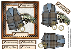 Male birthday card in wooden frame with Outlander style tartan waistcoat,pocket watch and vintage car topper for 6x6 card