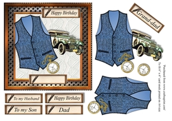 Male birthday card in wooden frame with blue herringbone Harris tweed textured waistcoat,pocket watch and vintage car topper for 6x6 card
