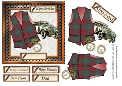 Male birthday card in wooden frame with red and green check Harris tweed textured waistcoat,pocket watch and vintage car topper for 6x6 card