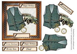 Male birthday card in wooden frame with green check Harris tweed textured waistcoat,pocket watch and vintage car topper for 6x6 card