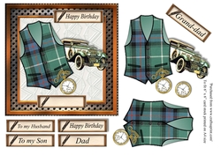 Male birthday card in wooden frame with green tartan waistcoat,pocket watch and vintage car topper for 6x6 card