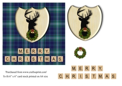 Merry Christmas card in blue and green tartan, stag emblem, wreath and scrabble letters topper for 6x6 card