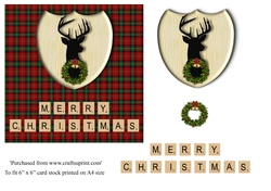 Merry Christmas card in red and green tartan, stag emblem, wreath and scrabble letters topper for 6x6 card