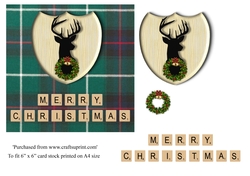 Merry Christmas card in green tartan, stag emblem, wreath and scrabble letters topper for 6x6 card