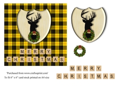 Merry Christmas card in MacLeod tartan, stag emblem, wreath and scrabble letters topper for 6x6 card