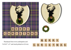Merry Christmas card in purple tartan, stag emblem, wreath and scrabble letters topper for 6x6 card