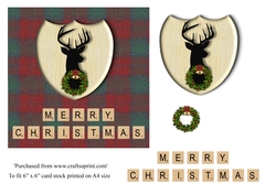 Merry Christmas card in red & green Harris Tweed tartan, stag emblem, wreath and scrabble letters topper for 6x6 card