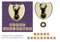 Merry Christmas card in Purple Harris Tweed , stag emblem, wreath and scrabble letters topper for 6x6 card