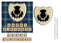 Male Birthday card in blue and green tartan, thistle emblem and scrabble letters topper for 6x6 card