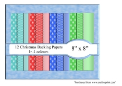 Pack of 12 Christmas backing papers in 4 colours 8x8 size.