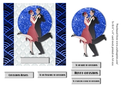Art Deco couple Christmas card topper for 6x6 card in blue