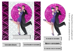 Art Deco Dancing couple Christmas card topper for 6x6 card in hot pink