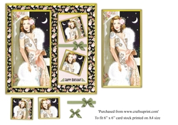 Glamorous female Art deco birthday with floral background topper for 6x6 card