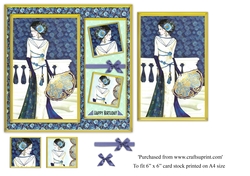 Glamorous female Art deco birthday with blue floral background topper for 6x6 card